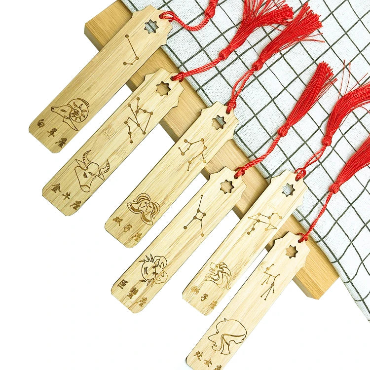 Factory Wholesale Custom Bamboo Wooden Bookmark Twelve Constellations Carved Chinese Style for Book