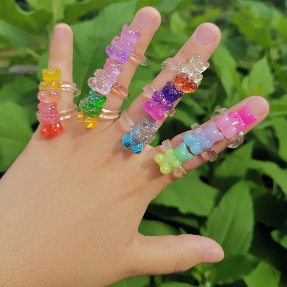 SC New Arrival Cartoon Acrylic Rings Colorful Little Bear Ring Cute Acrylic Resin Finger Ring for Women and Girls
