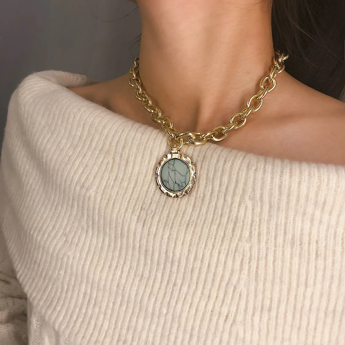 Retro Geometric Primitive Stone Pendant Collar Necklace Feminine Temperament Cold Wind Sweater Chain Necklace