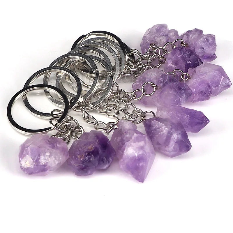 Wholesale Keychains Natural Raw Rough Amethyst Cluster Crystal Key Chain Gemstone Keychains Key Rings Healing Crystals