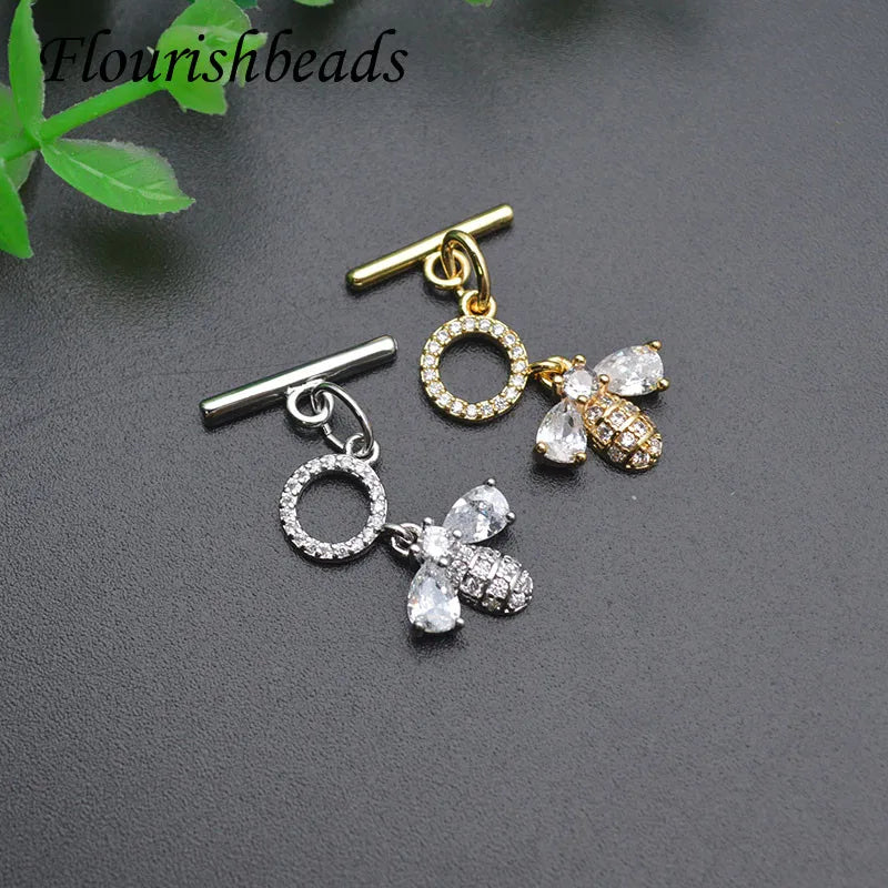Unique Design Anti Fading Gold Silver Plated Brass CZ Pave Cute Bee OT Toggle Clasp for Bracelet Necklace Making