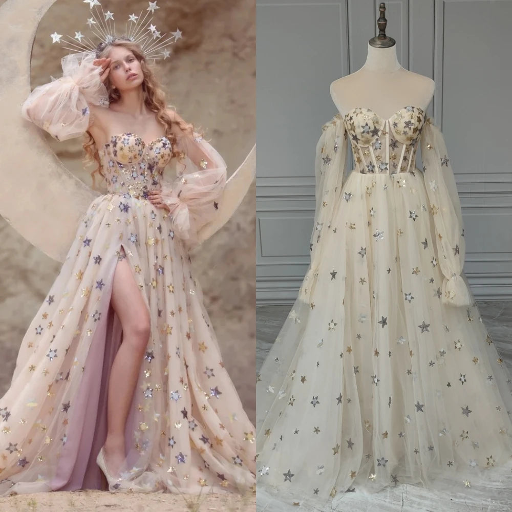 14257# Real Photo Shiny Tulle A-line High Side Slit Wedding Ball Gown for Women Birthday Party Evening Dresses With Beading Star