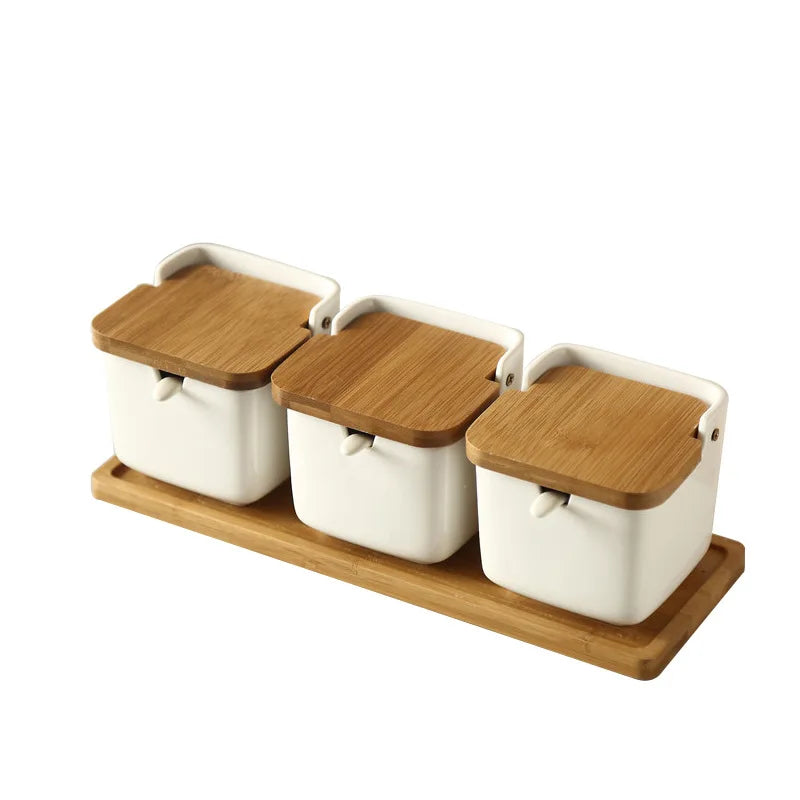 Wood Lid Seasoning Jar Set Spice Salt Jar Rack Kitchen Storage Ceramic Bottle