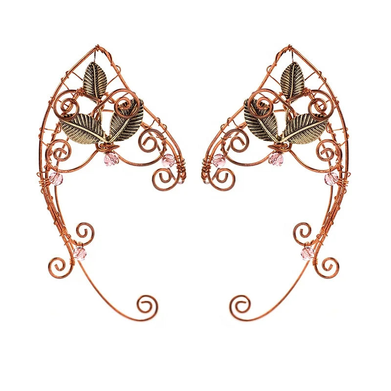 Handmade Leaves and Crystal Beads Rose-gold Non Pierced Cartilage Ear Cuff Wrap Around Earrings Ear Clip for Female