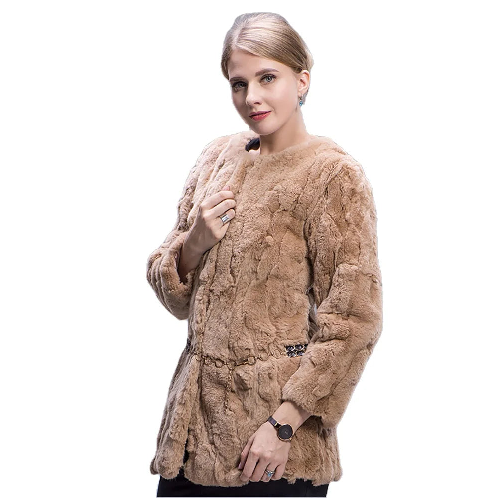 MWFur Winter Season Fashion Women Rabbit Fur Jacket Street Fashion Rabbit Fur Coat Long Rex Rabbit Fur Outwear With Pocket Belt