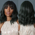 Factory Fast Delivery Dark Green Medium Length Wavy Synthetic Wigs with Bangs Short Hairs Wig for Black Women
