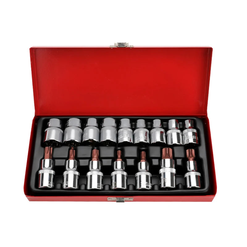 New 16 Pcs 1/2 Dr Press Torx Bit Spline Socket Set Integrated Tool Set