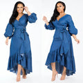 Elegant Style Women Ruffles Design Ladies Dress Women Long Denim Dress Lady Jean Dresses