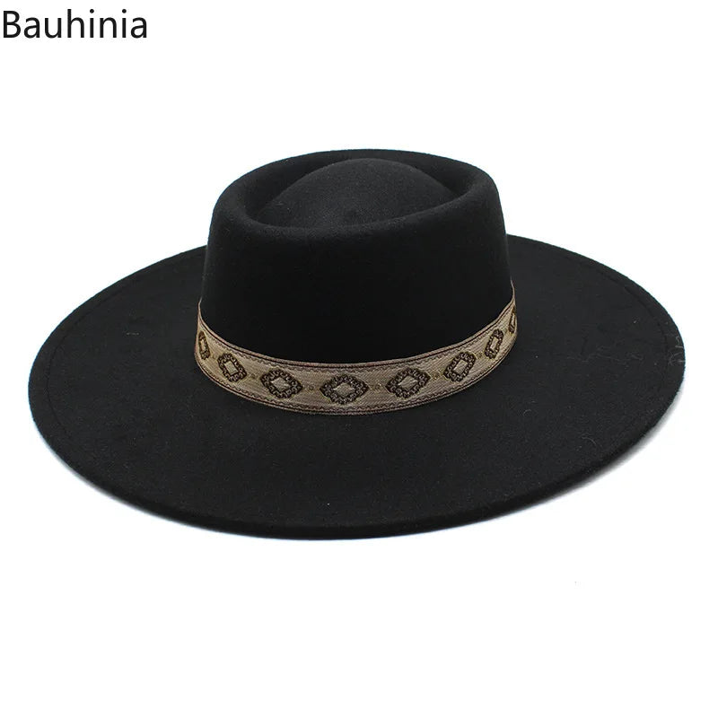 New Solid Color 9.5CM Wide Brim Bowler Wool Jazz Fedoras Hat Retro Men Trilby Cap Panama Formal Dress Hats Sombrero Hombre