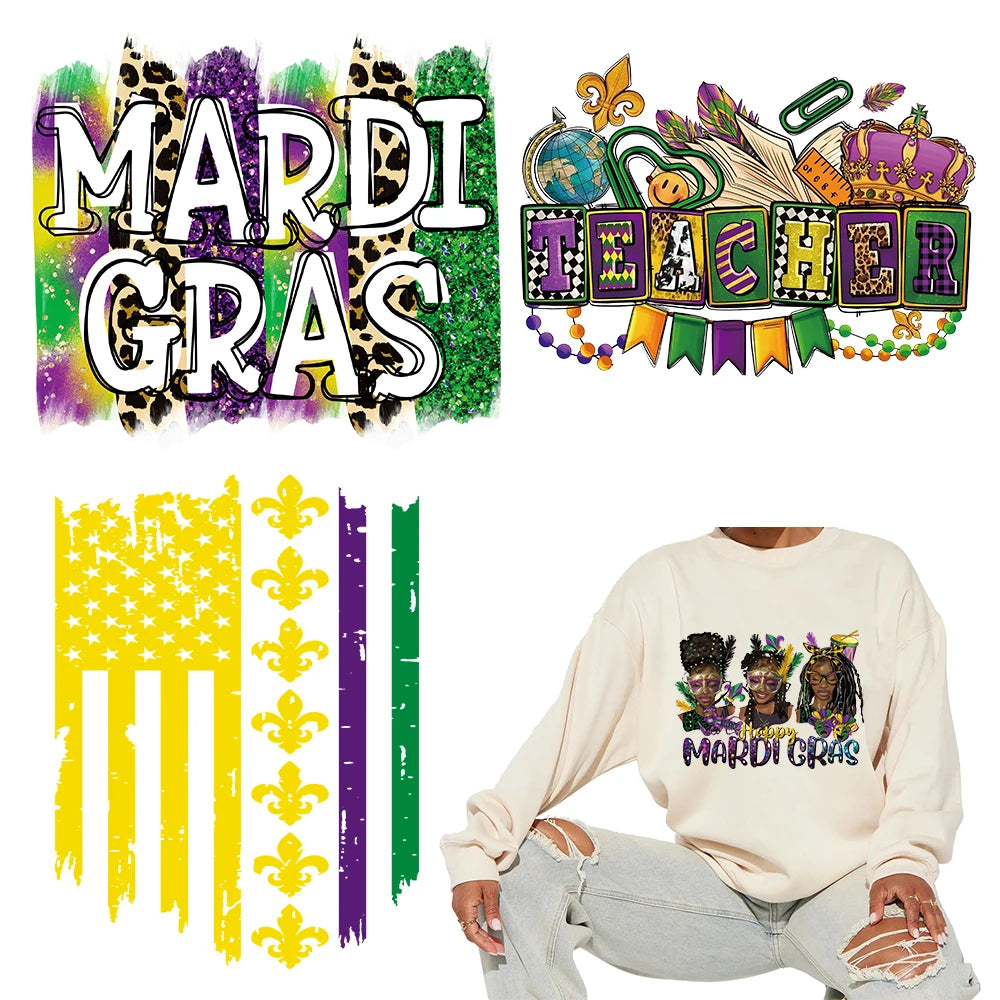 Custom Mardi Gras Printed Heat Transfers Vinyl Heat Press Transfer Label Screen Print Heat Transfers for T Shirts