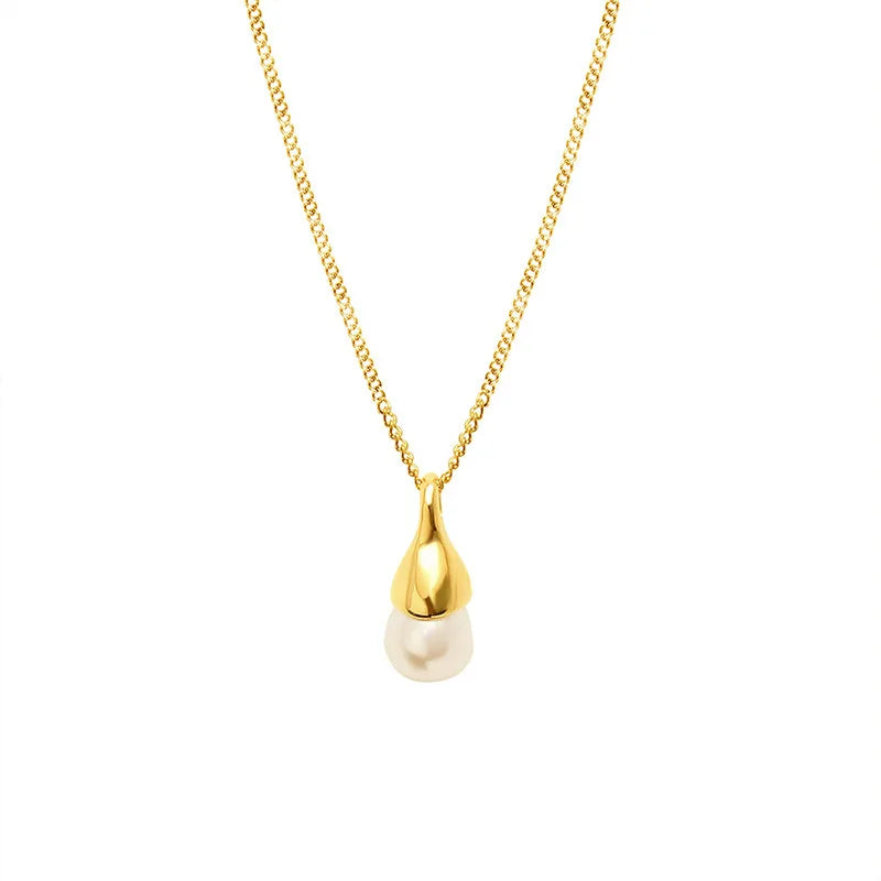 New Stainless Steel 18K Gold Plating Imitation Pearl Water Drop Droplets Shape Pendant Necklace for Women