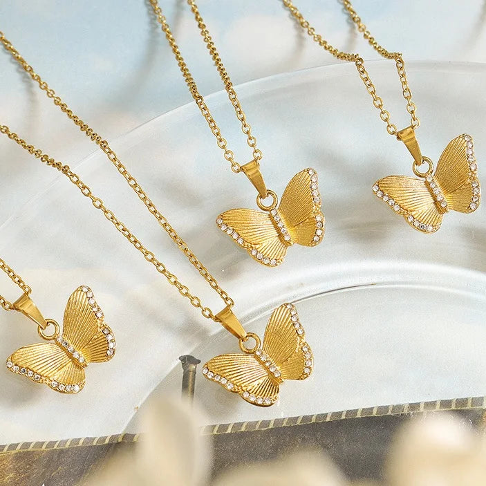 Wholesale Womens Gift Necklace Waterproof Butterfly Pendent Stainless Steel Jewelry Cz Diamond Bling Butterfly Necklace