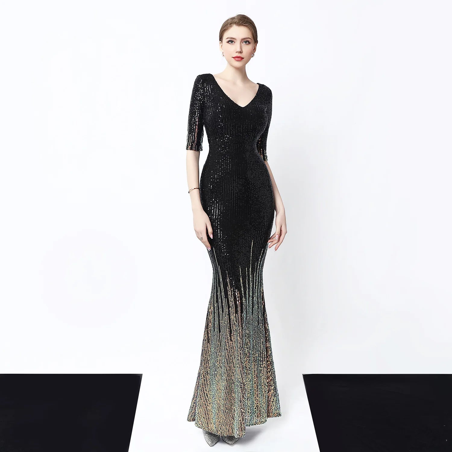 16566# Sequins Long Banquet Slimming Fishtail Elegant Socialite Party Annual Hosting Dress
