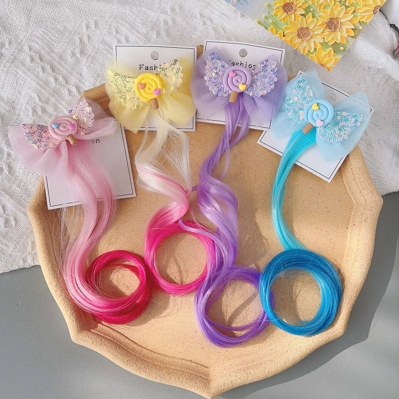 Hot Selling Sweet Style Children's Gradient Curly Hair Extension Hair Clip Girls Party Wig Braids Hairpin