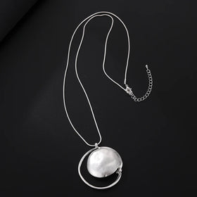 TongLing Long Sweater Necklace Round Irregular Silver Plated Alloy Pendant Necklace Niche Simple Adjustable Necklace