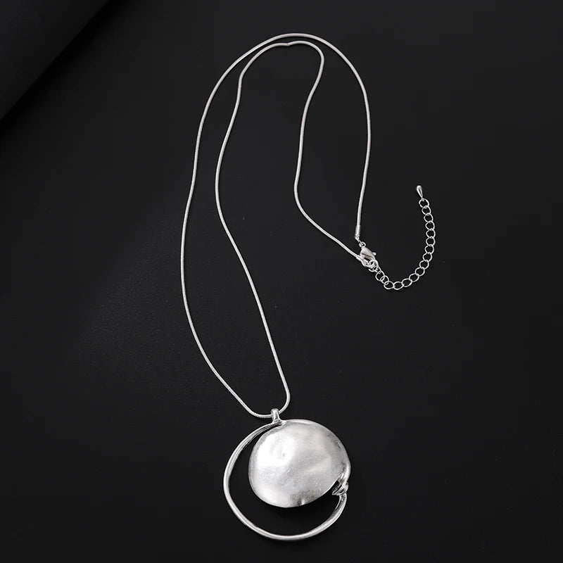 TongLing Long Sweater Necklace Round Irregular Silver Plated Alloy Pendant Necklace Niche Simple Adjustable Necklace