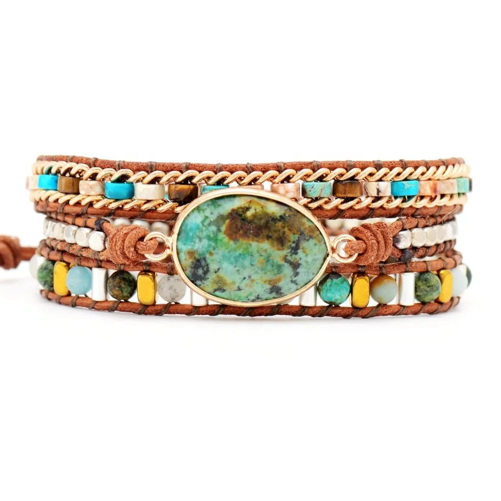 Africa Turquoise Amazonite Stones Geometric Christian Gift 3 Strands Leather Wrap Bracelets for Women Bangle
