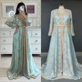 14630# Real Photos V-neck Long Sleeves Golden Lace Appliques Marocaine Muslim Kaftan Evening Prom Dress Dubai Saudi Arabia