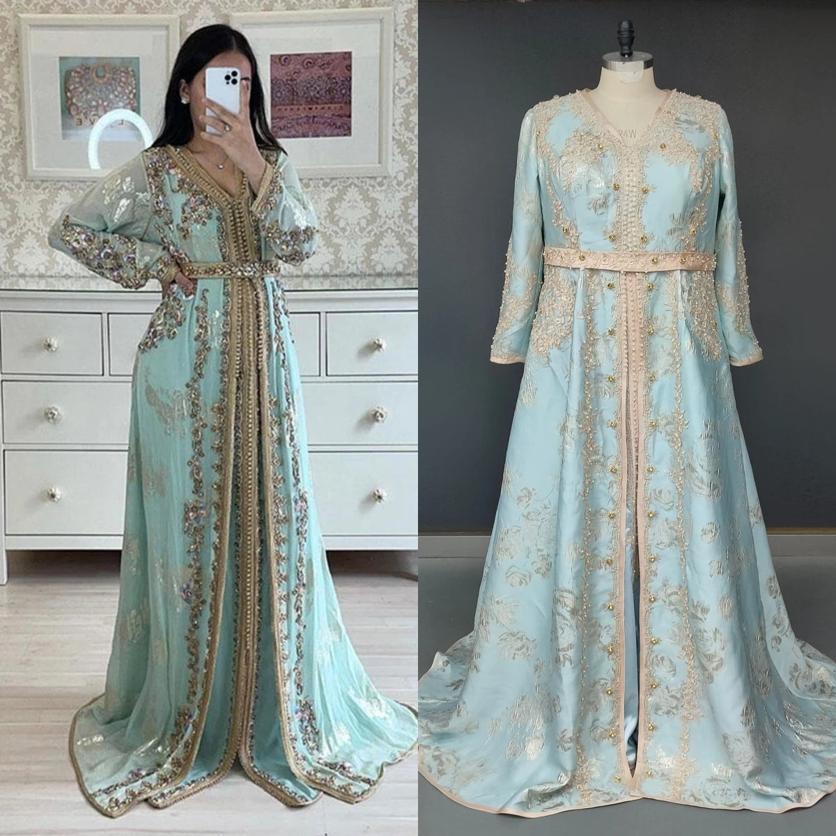14630# Real Photos V-neck Long Sleeves Golden Lace Appliques Marocaine Muslim Kaftan Evening Prom Dress Dubai Saudi Arabia