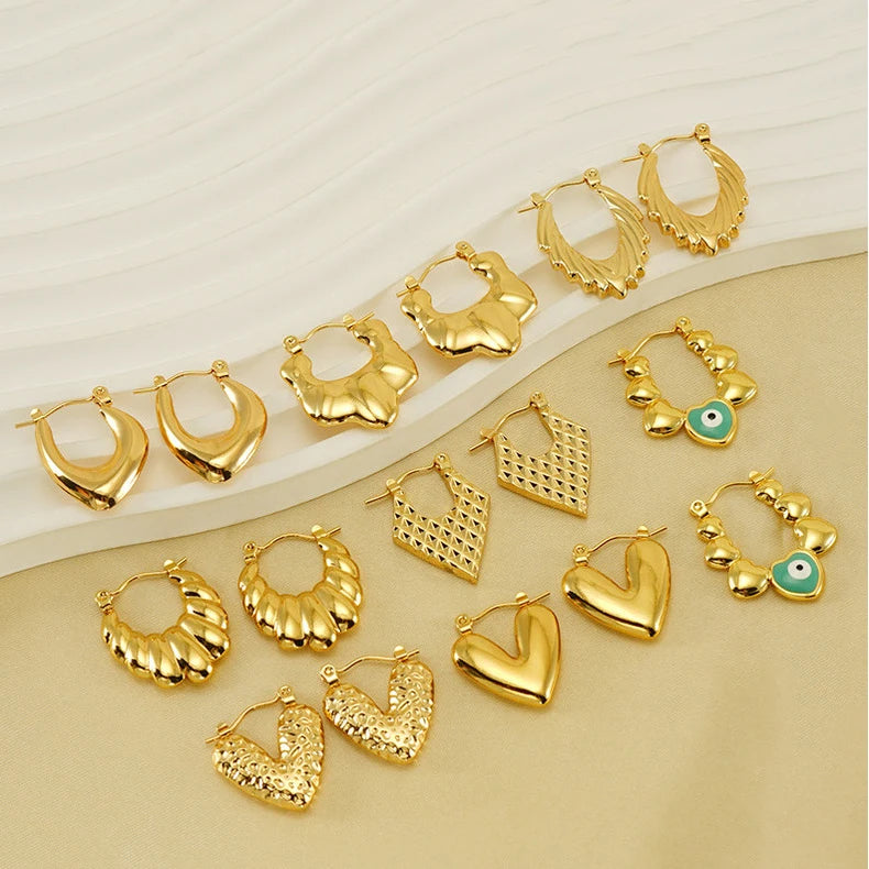 Hypoallergenic Heart Shape Stainless Steel Geometric Unusual Stud Earrings Hammer Texture Fashion Jewelry