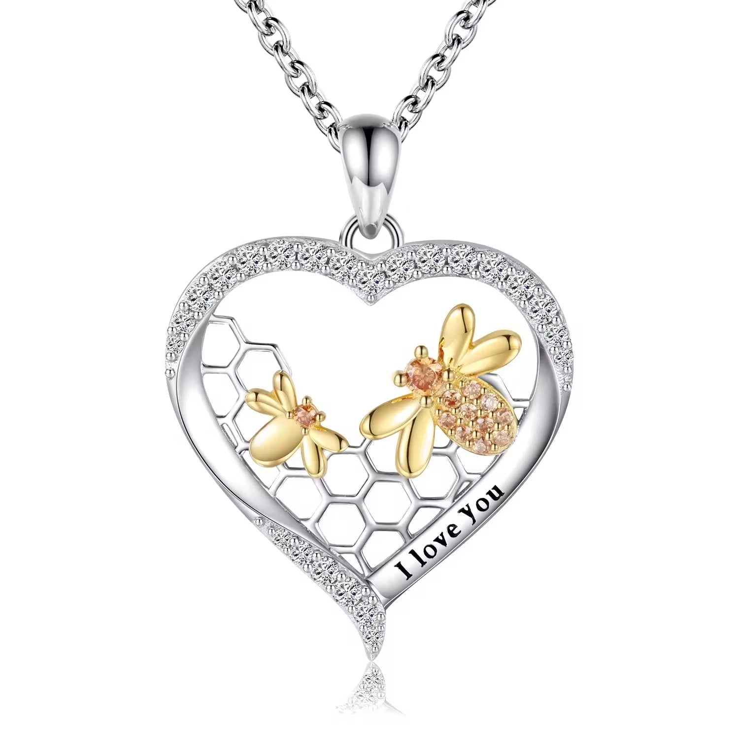 S925 Sterling Silver Rhodium Plated&Gold Plated Zircon Honey Bee Heart Honeycomb Pendant Necklace