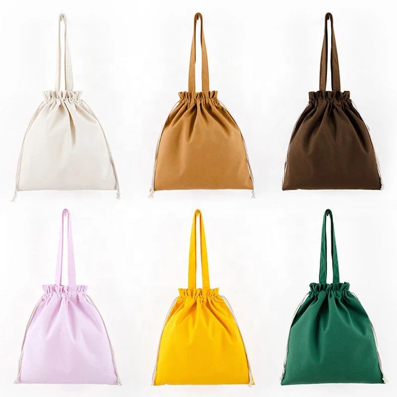 Qetesh Reusable Eco Friendly Cotton Canvas Drawstring Tote Bag Plain Simple Shopping Bag with Custom Printing Logo