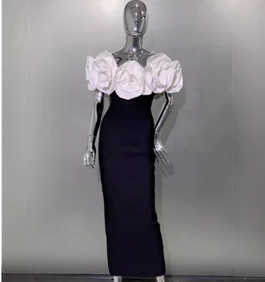 Luxury 3D Flower Sexy Off-shoulder Bodycon Maxi Dresses Women Birthday Party Wedding Vestido Outfit Design Gown Black Dress Chic