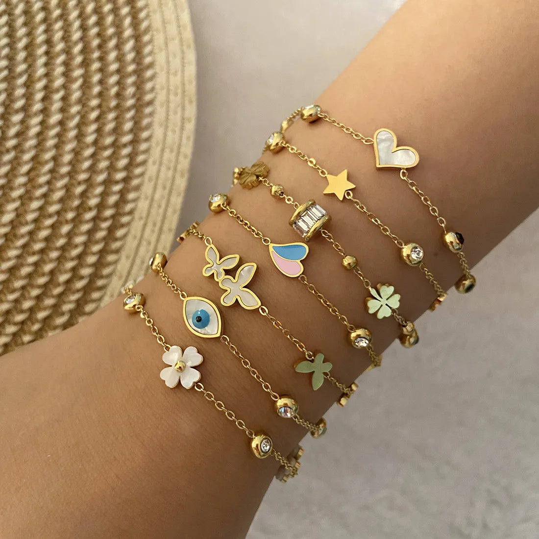 Fashion Femme Stainless Steel 18K Gold Plated Clear Zircon Shell Butterfly Eye Flower Heart Adjustable Bracelet for Women