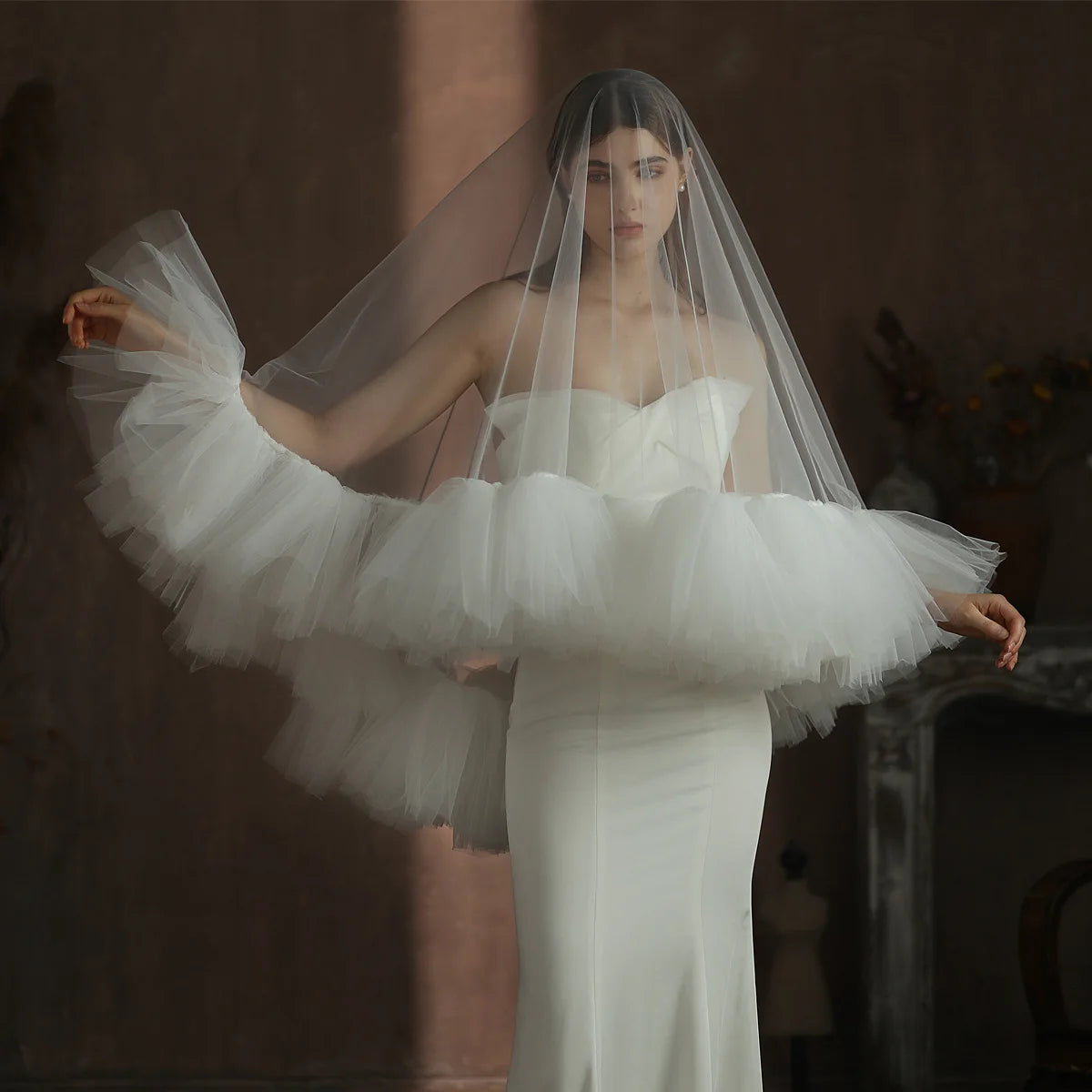 ShangHai Heavy Industry Lotus Leaf Edge Bridal Veil White Double Layer Studio Tour Photography Location Peng Ruansha