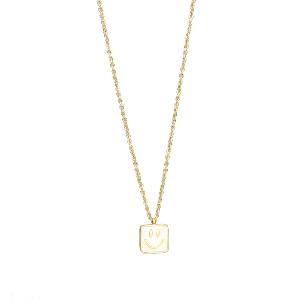 Women Fashion Waterproof Stainless Steel 18k Gold  Necklace with Mother of Pearl Smile Face square Pendant