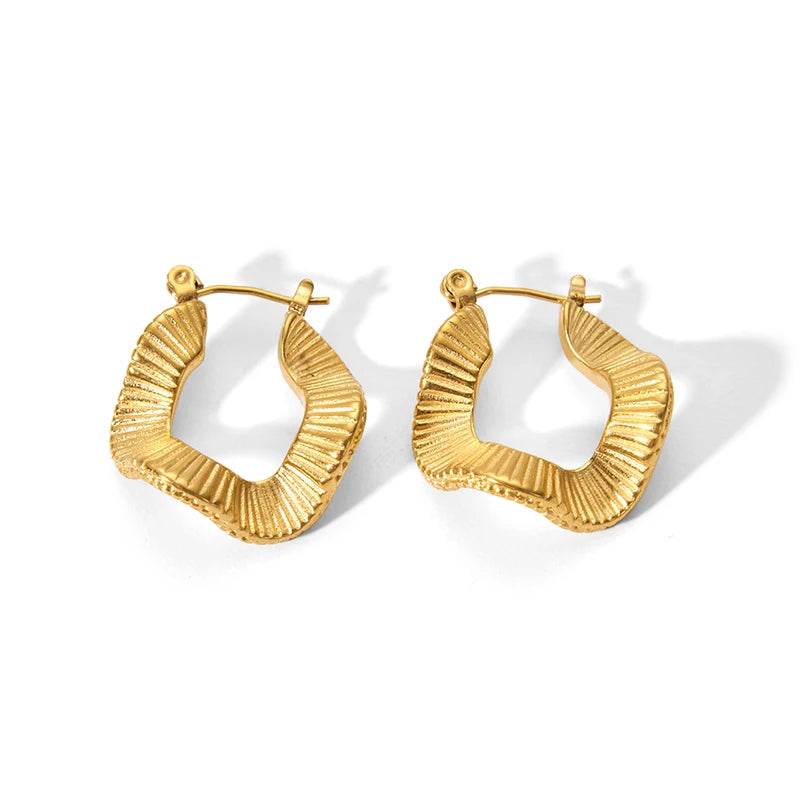Classic 18K PVD Plated Stainless Steel Hoop Earrings Non-Tarnish with Geometric Texture Trendy Irregular Shape for Women