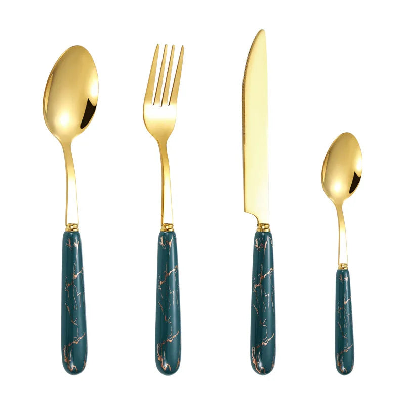 4 Pcs Western Ceramic Marbling Handle Spoon Steak Knife and Fork Dinnerware Sets