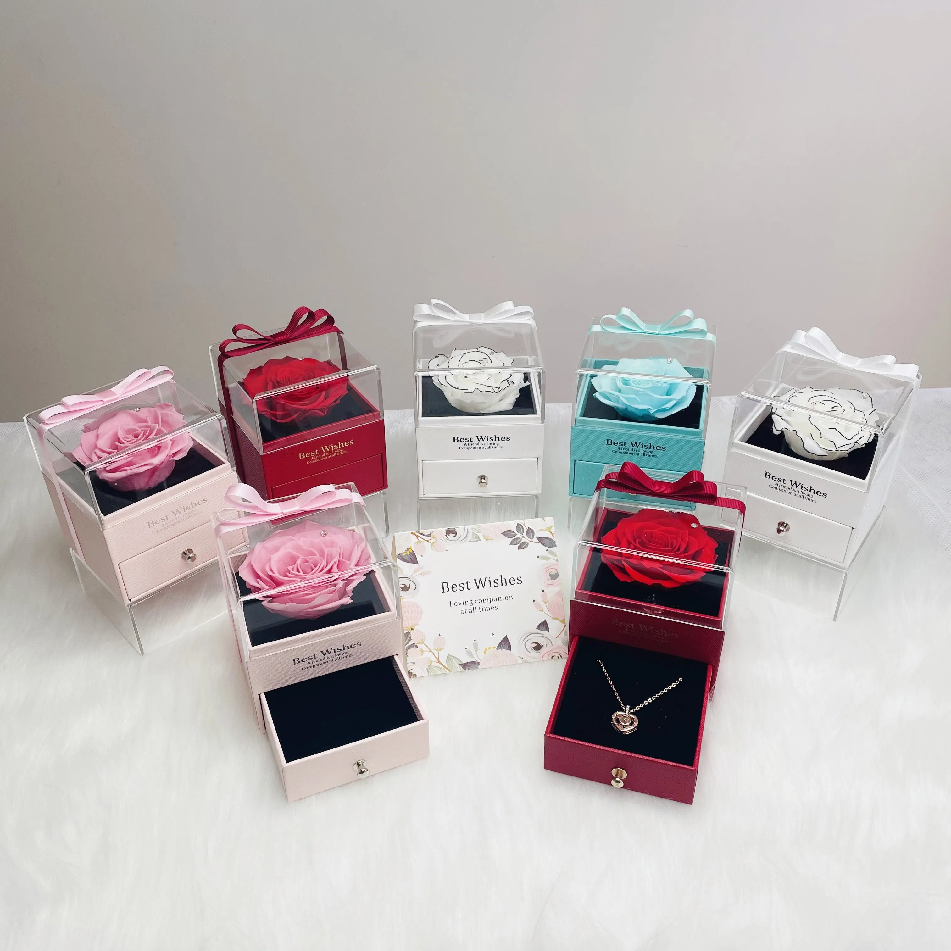Wholesale Natural Preserved Rose in Acrylic Jewelry Gift Box for Valentine's Day Mother's Day Graduation Christmas Gifts