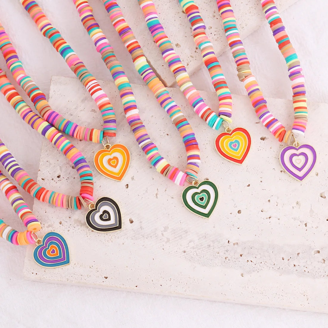 Handmade Multicolor Fashion Trendy Polymer Clay Bead Heart Pendant Choker Necklace Women Beach Jewelry