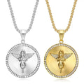 Hip Hop Stainless Steel Angel Pendant Necklace Gold Plated Circle Zircon Necklace for Men Women Prayer Jewelry