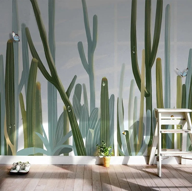 Pastoral Plants Nordic Style Wallpaper Simple Art Fresh Wall Covering Cactus Hotel Bedroom B&B Background Wallpaper