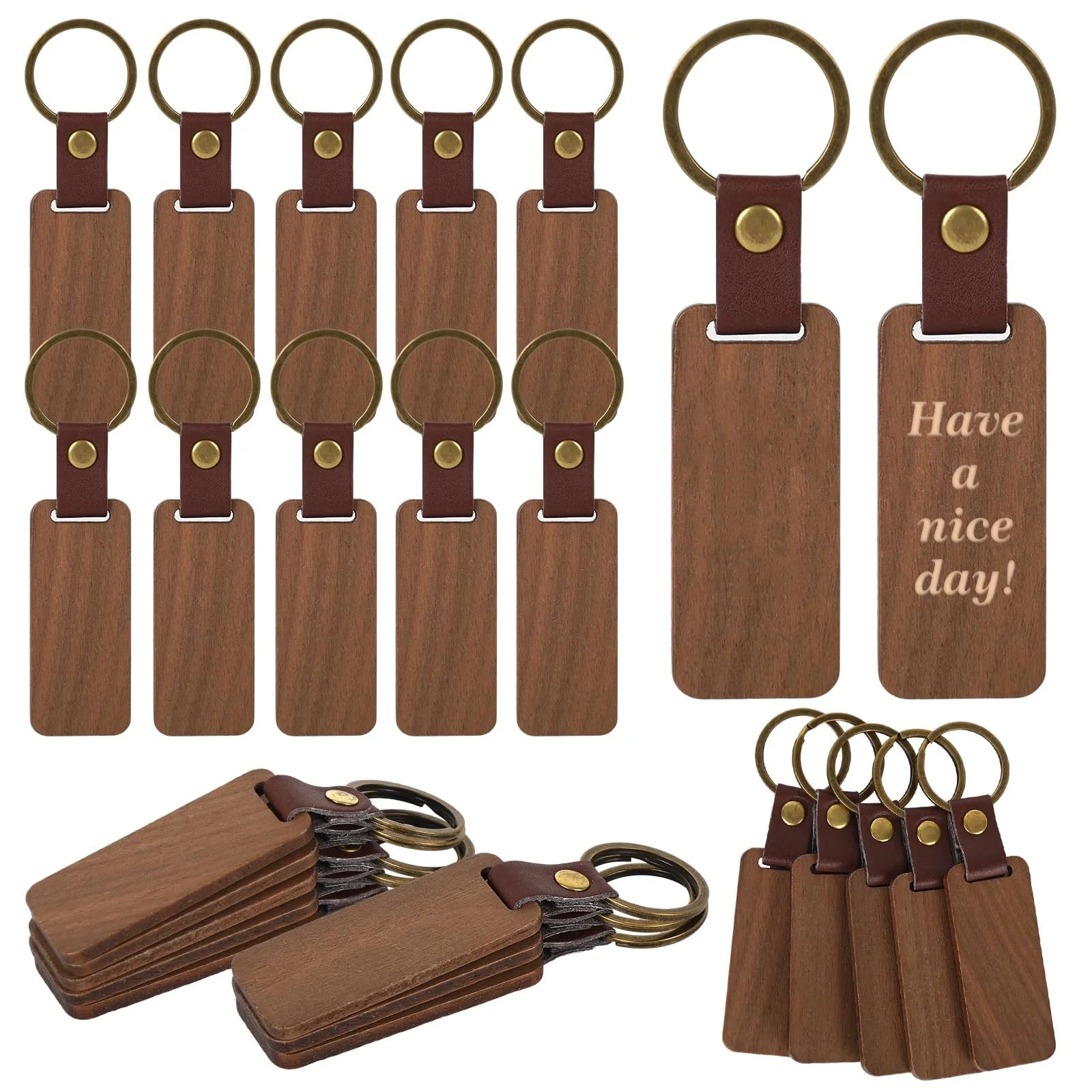 Blank Wooden Keychains Unfinished Leather Bulk Rectangle Wood Keychains for Laser Engraving DIY Crafts Key Tags Gift