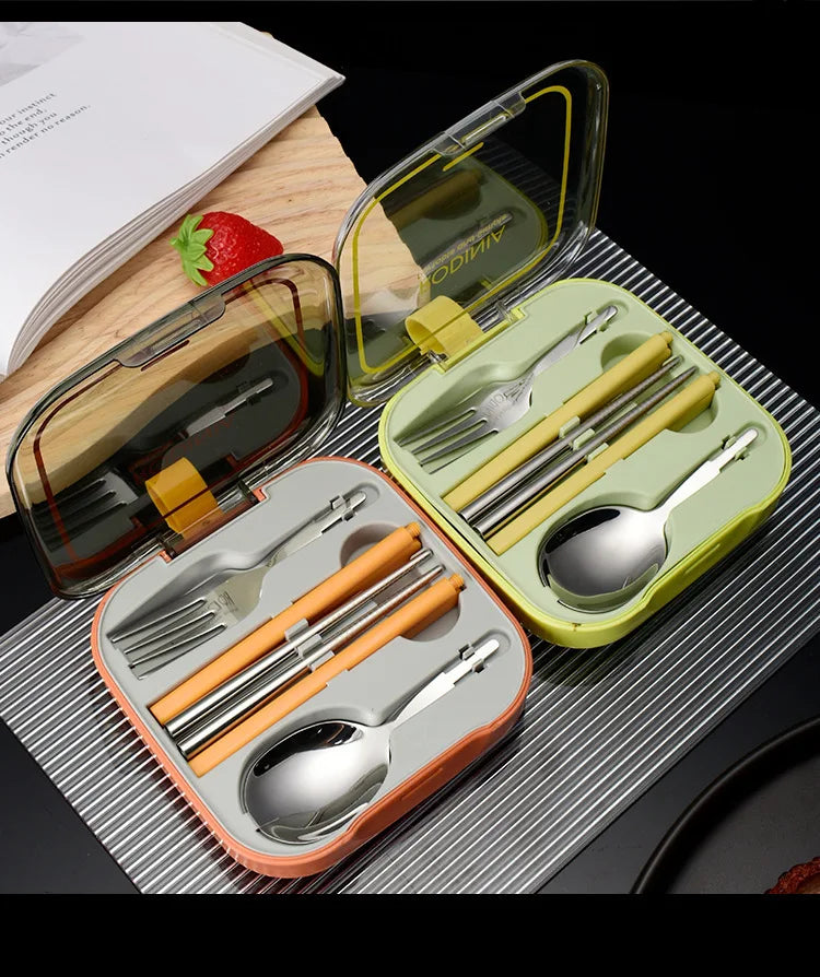 Hot Selling Portable Folding Cutlery Outdoor Flatware Set With Storage Box Mirror Spoon Fork Chopsticks Silverware for Travel