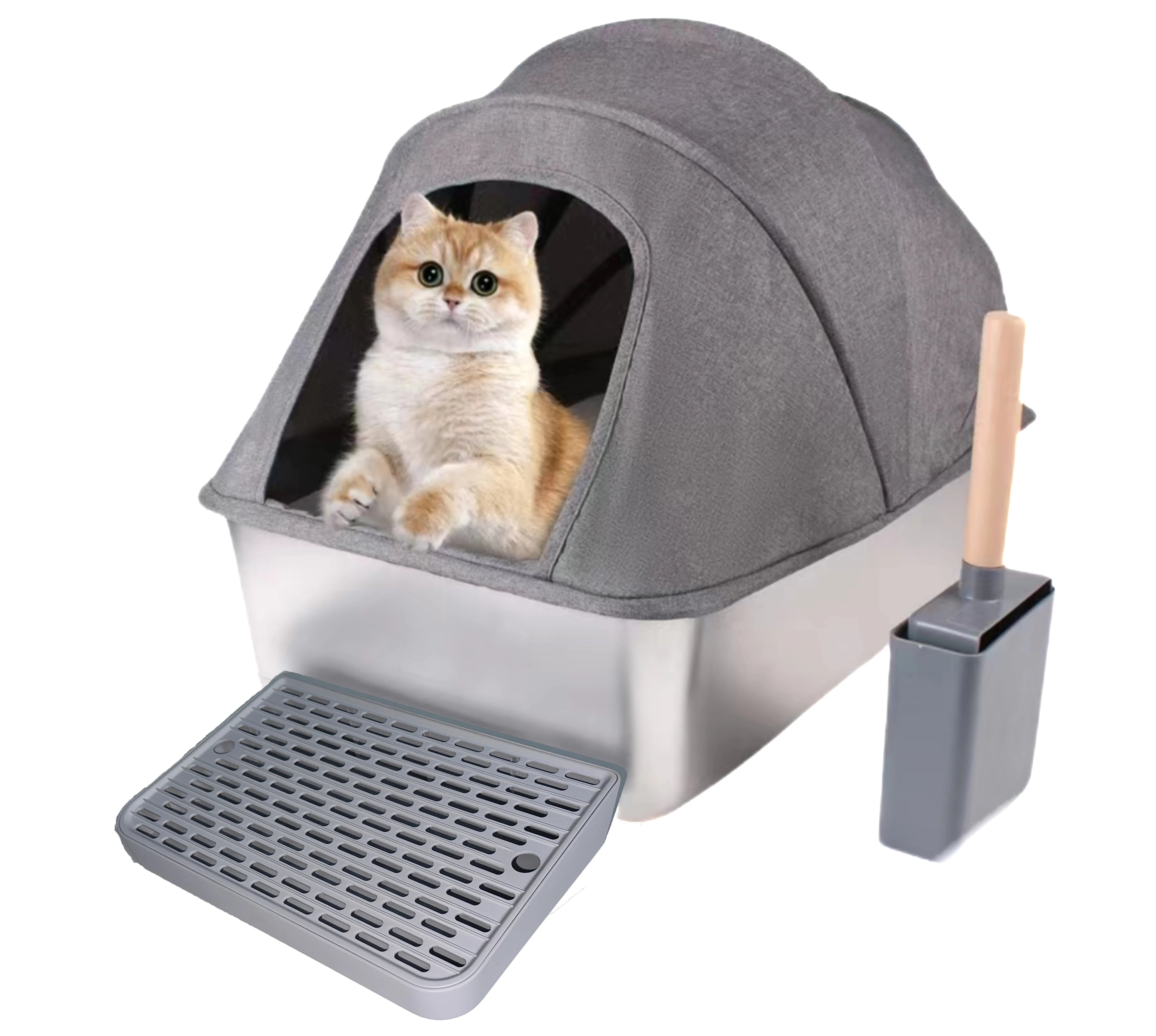 Pet Supplies Factory OEM ODM Customized Covered Fabric High Sided Anti-Splashing Portable Stainless Steel Cat Litter Box