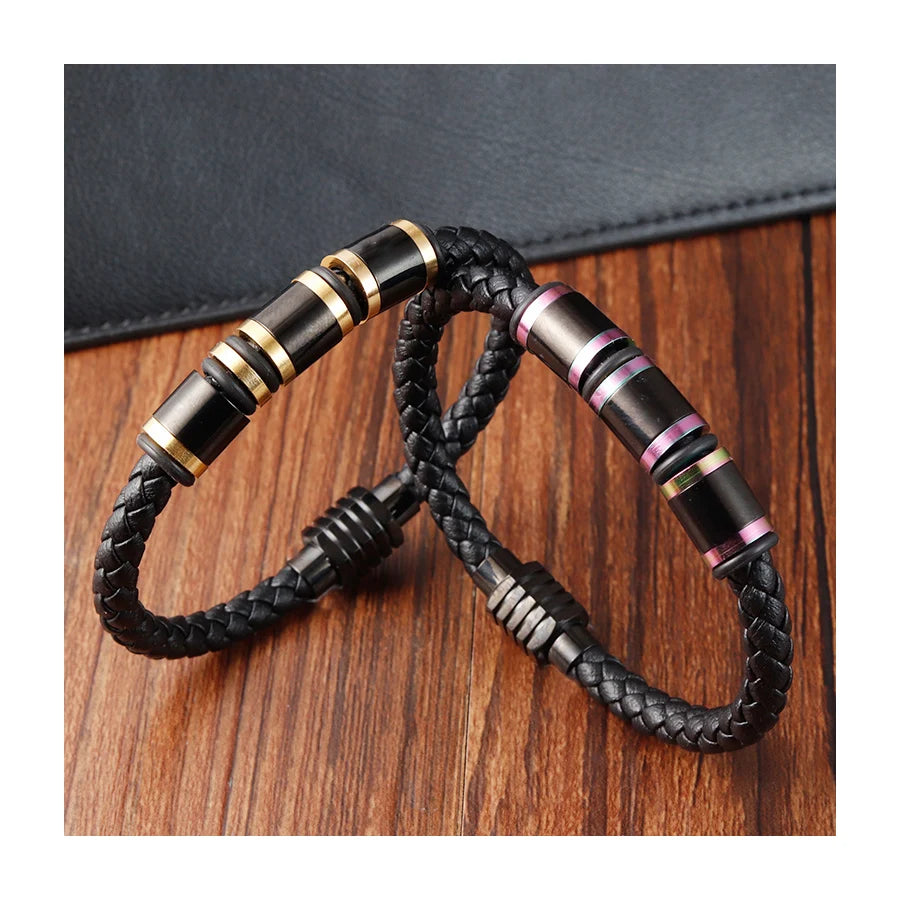 Rainbow Color Wholesale Stainless Steel Woven Bracelet Fashion Gifts Custom Mens Genuine Leather Bracelets and Bangles Hot Sale
