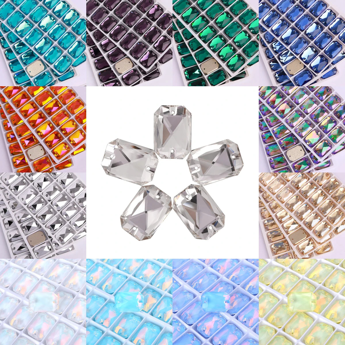 Emerald Cut Top Quality Latest Fashion Clear Glass Flat Back Sew-On Rhinestones for DIY Wedding Dress With Two Holes 3252 QIYI
