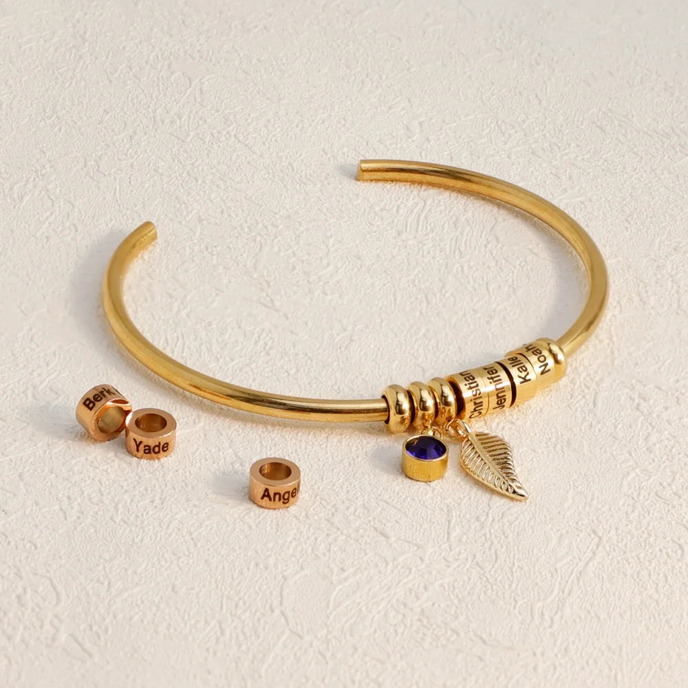 Birthstone Bracelet Stainless Steel Letter Engraved Bracelet With Leaf Charm and Bead