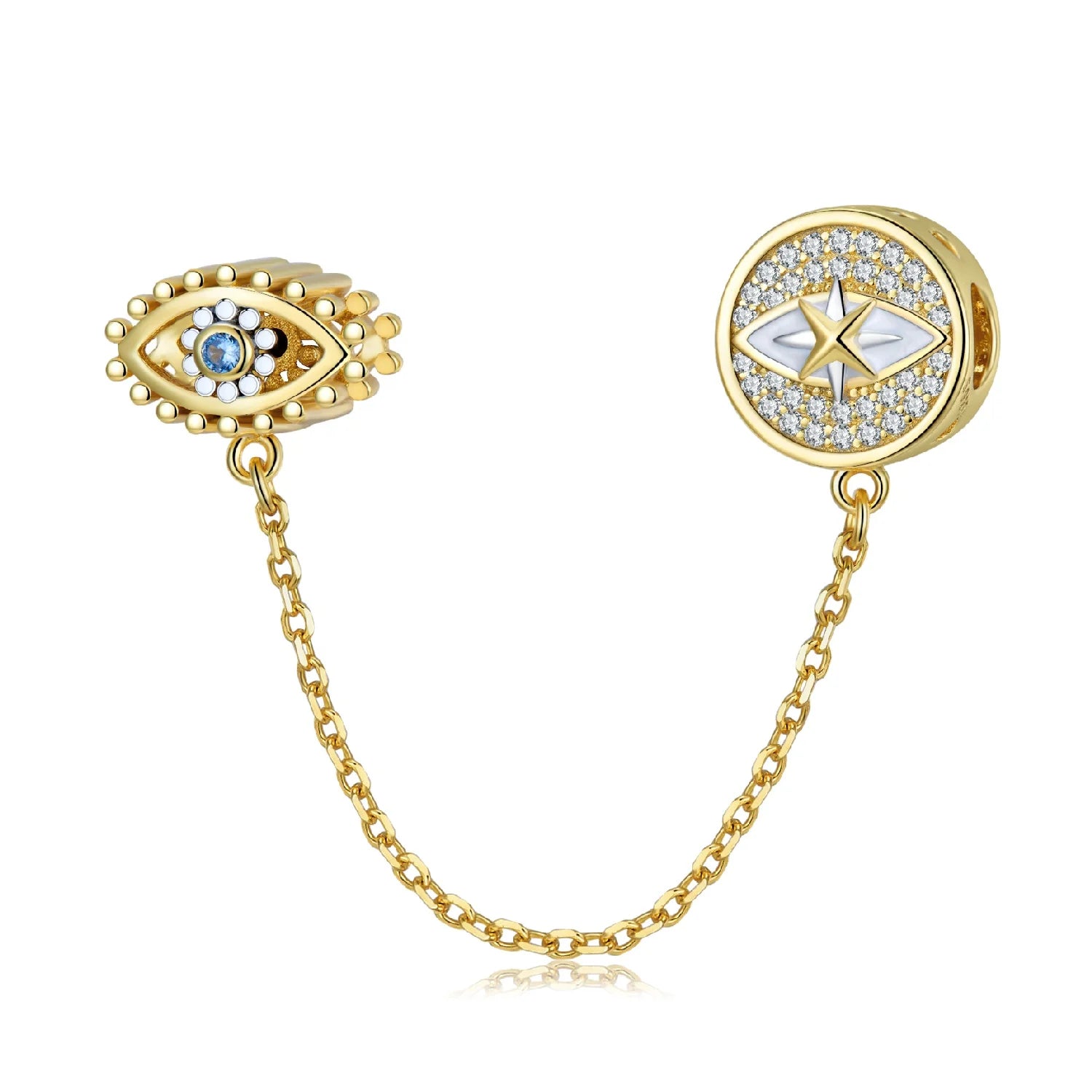 Blue Demon Eyes Safety Chain Real 925 Sterling Silver Bead with CZ for Women Gold Plated Jewelry Bracelet Wholesale Accessory