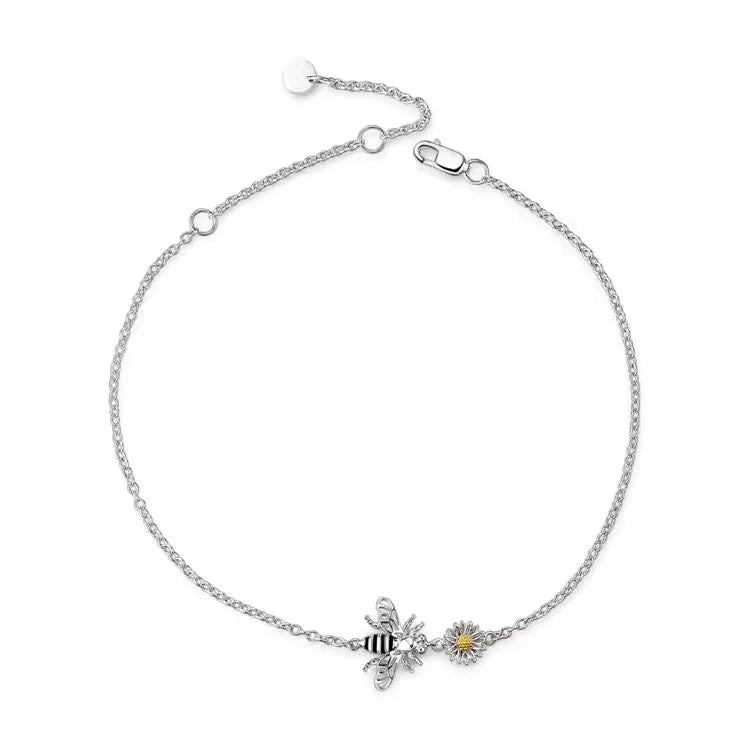 Fashion Jewelry 925 Sterling Silver Two Tone Flower and Bee Chain Bracelet for Women