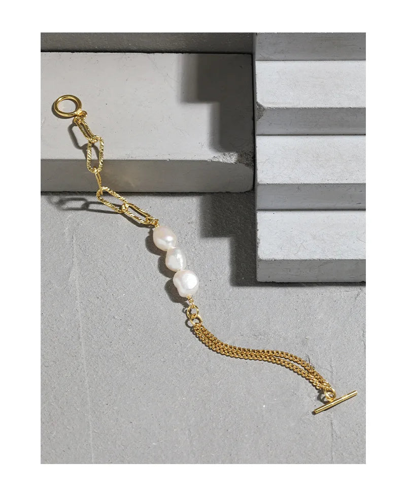 VIANRLA New Arrival 925 Sterling Silver 3pcs Irregular Freshwater Pearls Paper Clip Chain Link Bracelet