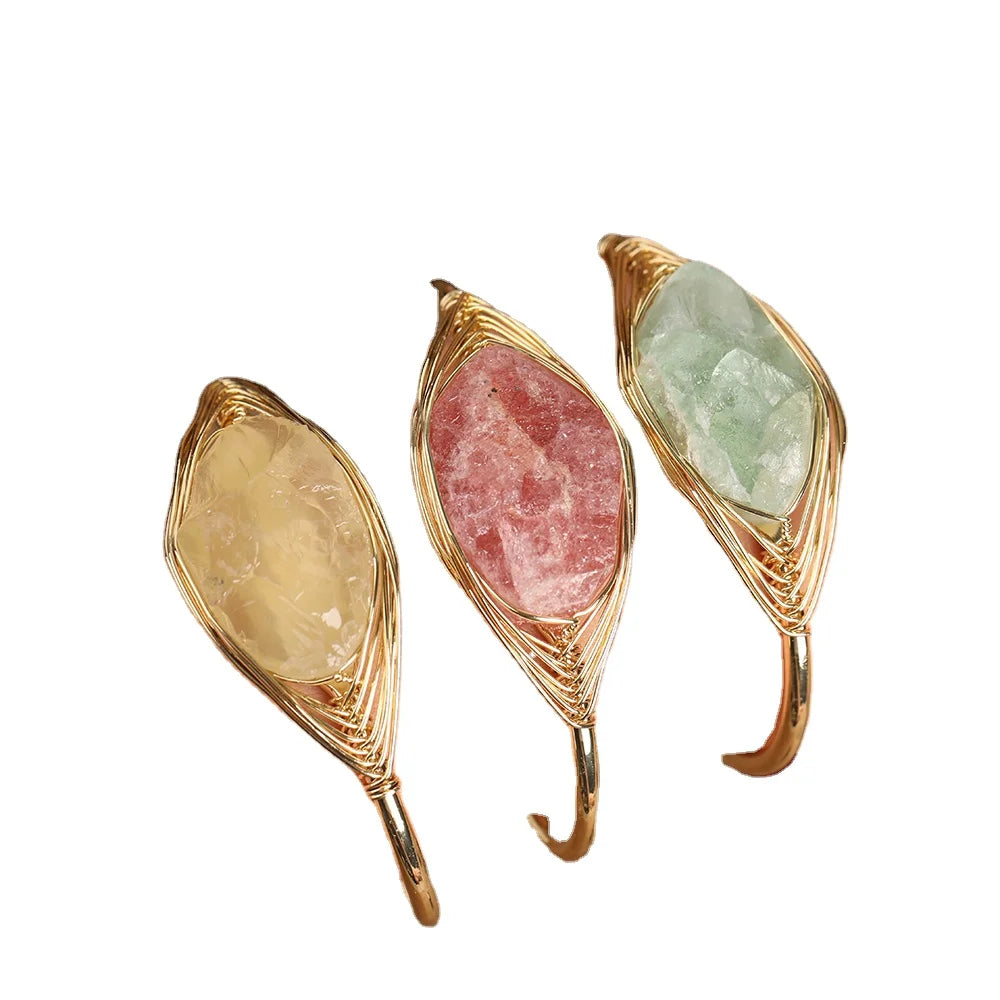 Raw Crystals Gemstone Gold Bangle Healing Natural Real Stone Cuff Open Bracelets Wedding Jewelry for Her
