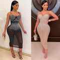 Party Evening Beautiful Slip Bodycon Dress Women See Through Rhinestone Dress