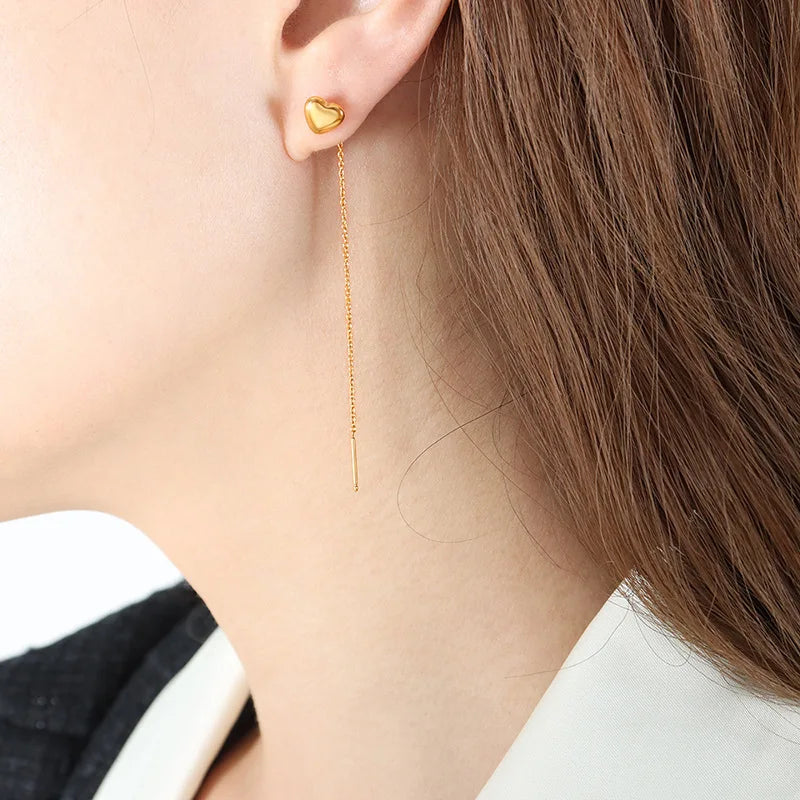 2023 Fashion New Stainless Steel Plated 18K Gold Texture Light Luxury Small Heart Personality Fringe Ear Thread