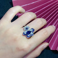 Female Luxurious Flower Ring Resizeable Blue Sapphire Diamond 14k 18k Rings in Solid Gold