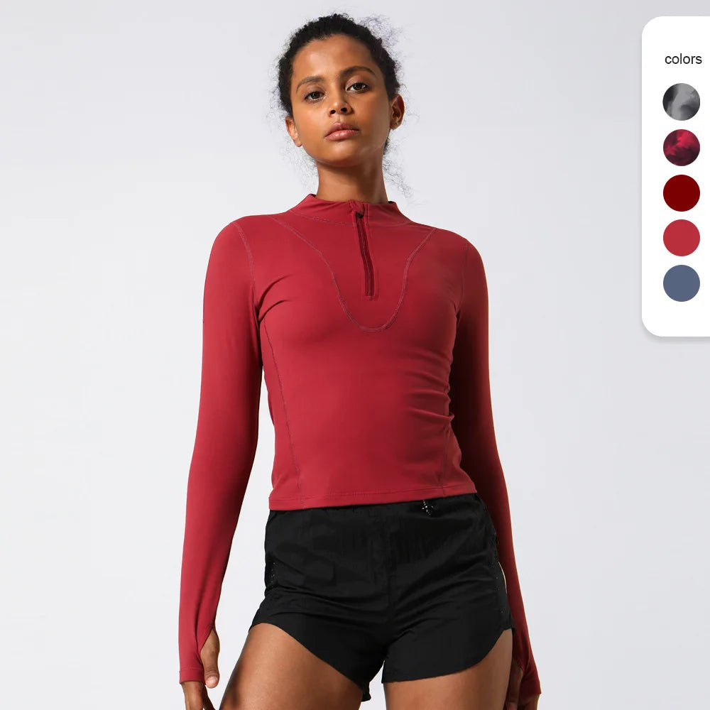 Hot Sale Fashion Tight Elastic Half Zip Yoga Tee Long Sleeves T-shirt Women Gym Fitness Sportswear Top
